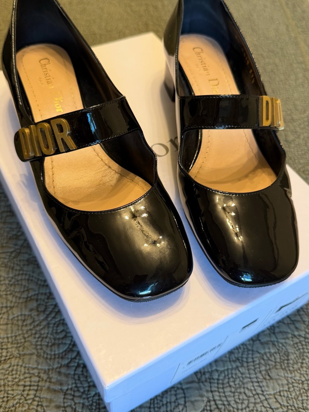 Dior Black Patent Leather Mary Jane Flats with Gold Logo Plaque